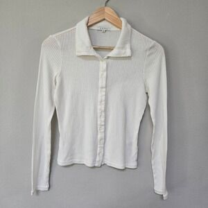 Z SUPPLY White Ribbed Knit Button Down Long Sleeve Shirt Medium mock neck